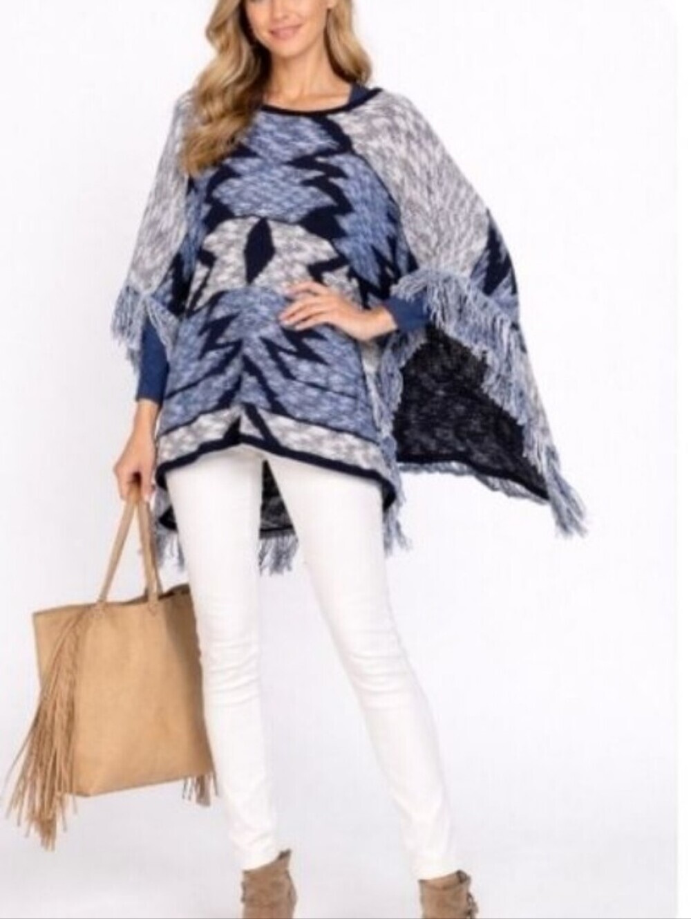 INC International Concepts Blue Aztec Southwestern Print Fringed Poncho Sweater